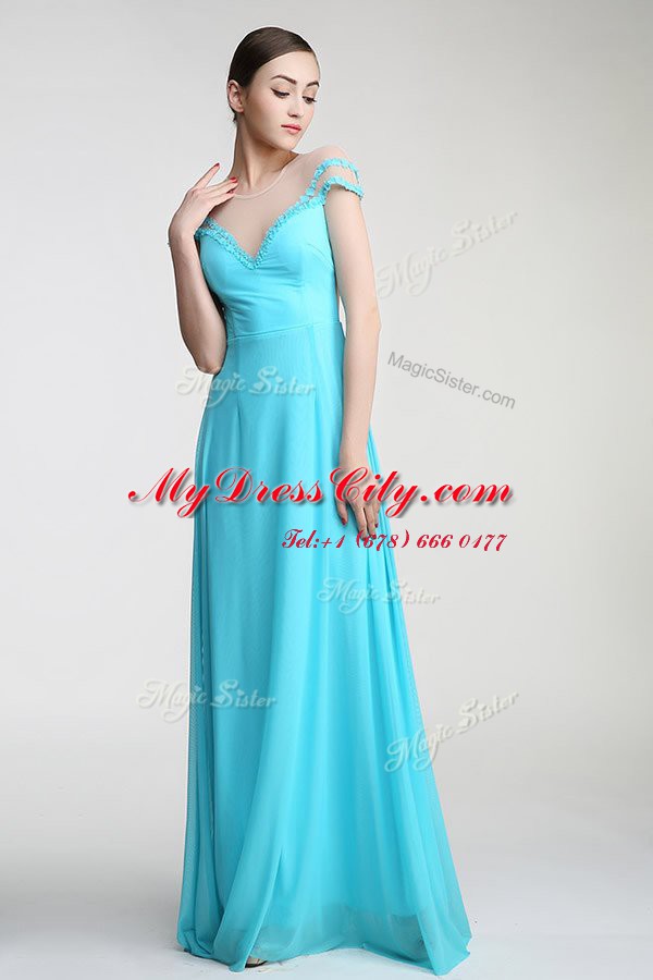 Cheap Scoop Short Sleeves Evening Dress Floor Length Appliques and Bowknot Aqua Blue Chiffon