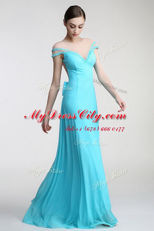 Cheap Scoop Short Sleeves Evening Dress Floor Length Appliques and Bowknot Aqua Blue Chiffon