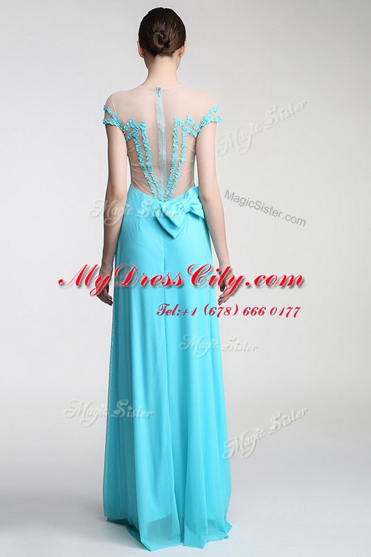 Cheap Scoop Short Sleeves Evening Dress Floor Length Appliques and Bowknot Aqua Blue Chiffon