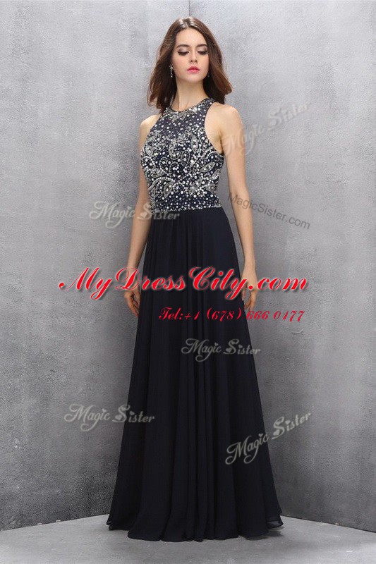 Custom Designed Empire Dress for Prom Black Scoop Chiffon Sleeveless Floor Length Backless