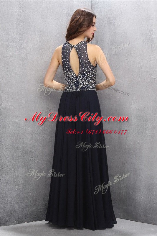 Custom Designed Empire Dress for Prom Black Scoop Chiffon Sleeveless Floor Length Backless