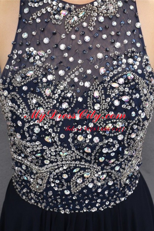 Custom Designed Empire Dress for Prom Black Scoop Chiffon Sleeveless Floor Length Backless