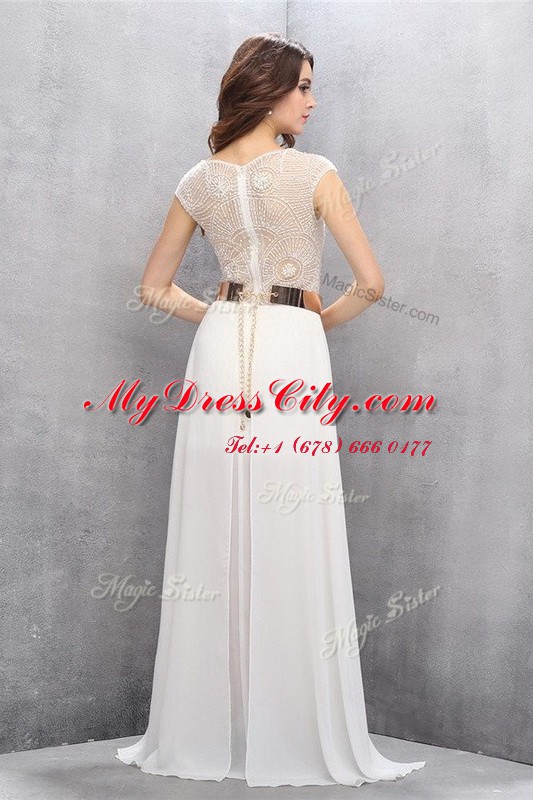 Unique Square Sleeveless Tulle Lace and Belt Sweep Train Zipper