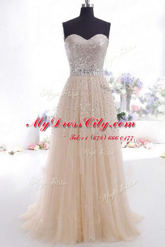 Dramatic Champagne Empire Beading and Belt Prom Gown Zipper Organza Sleeveless