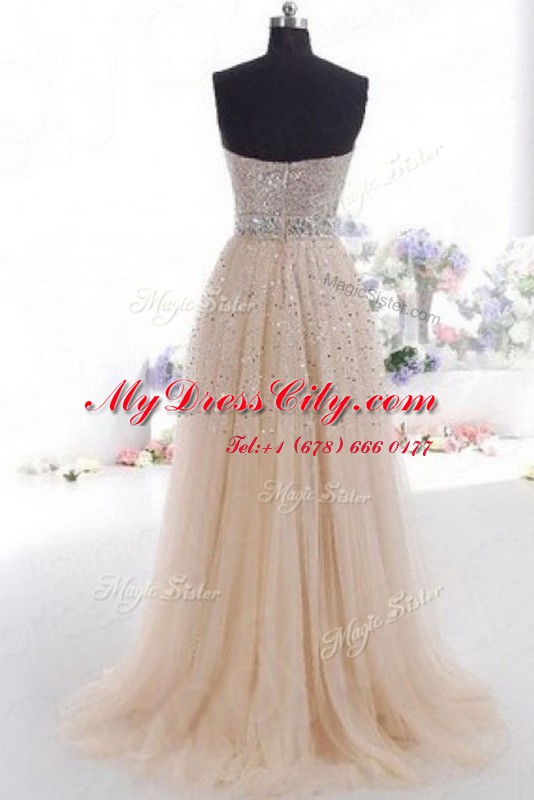 Dramatic Champagne Empire Beading and Belt Prom Gown Zipper Organza Sleeveless