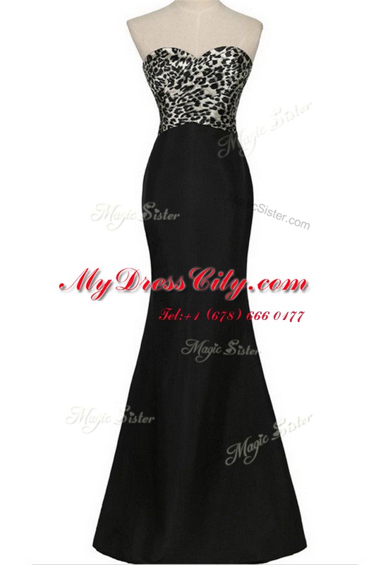 Stunning Black Mermaid Satin Sweetheart Sleeveless Pattern Floor Length Lace Up Prom Evening Gown