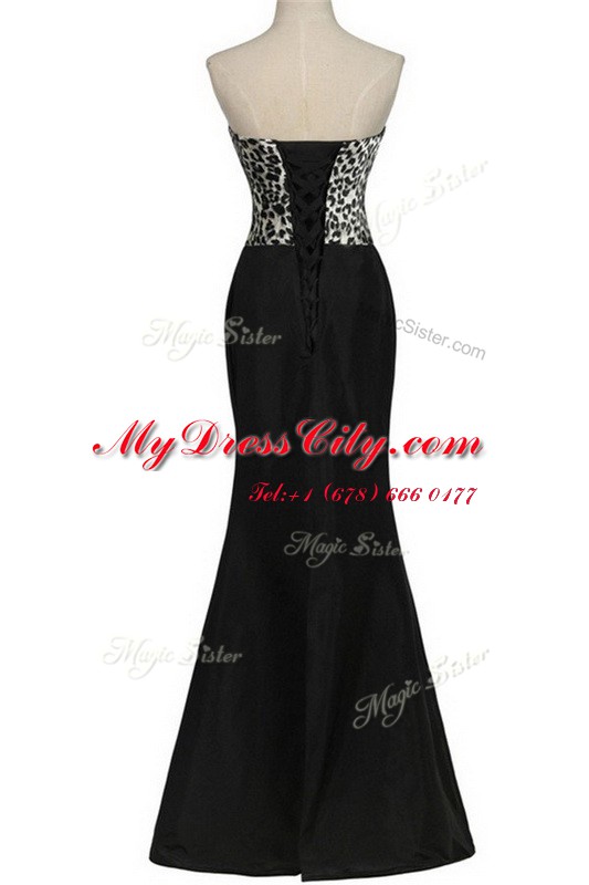 Stunning Black Mermaid Satin Sweetheart Sleeveless Pattern Floor Length Lace Up Prom Evening Gown