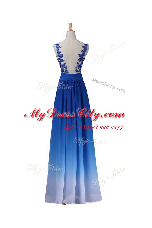 Blue Dress for Prom Prom and Party and For with Lace V-neck Sleeveless Backless