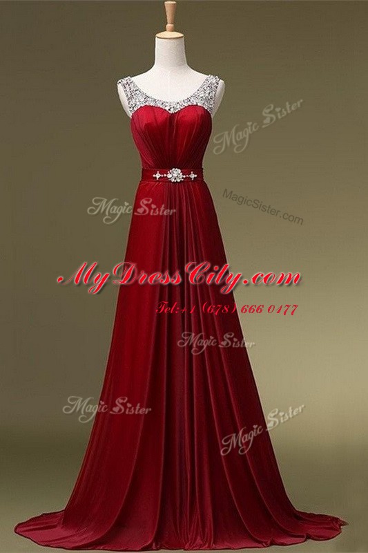 Charming Brush Train A-line Wine Red Scoop Chiffon Sleeveless Zipper