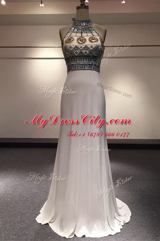 Latest White Zipper Prom Dress Beading Sleeveless With Brush Train