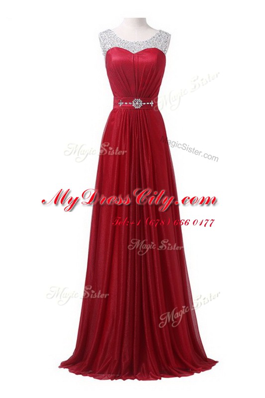 Custom Made Scoop Sleeveless Brush Train Beading and Ruching Zipper Prom Dress