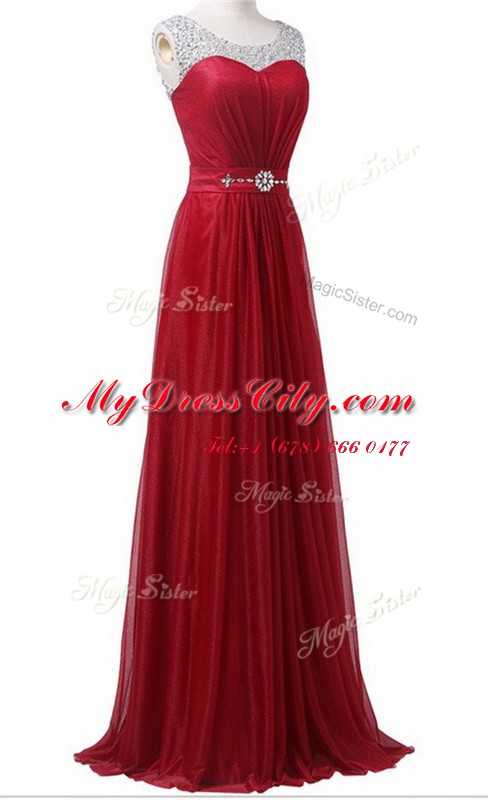 Custom Made Scoop Sleeveless Brush Train Beading and Ruching Zipper Prom Dress