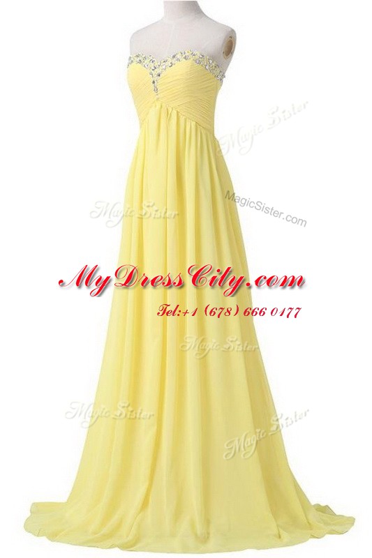 With Train Light Yellow Evening Dress Sweetheart Sleeveless Brush Train Lace Up