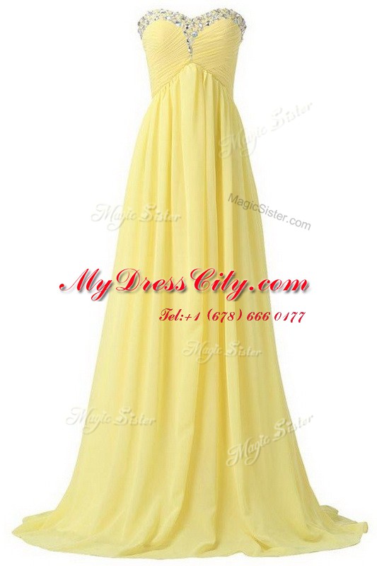 With Train Light Yellow Evening Dress Sweetheart Sleeveless Brush Train Lace Up