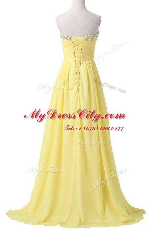 With Train Light Yellow Evening Dress Sweetheart Sleeveless Brush Train Lace Up