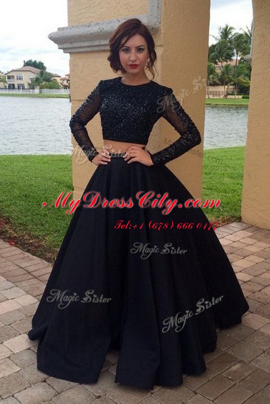 Exceptional Scoop Floor Length Black Prom Dress Chiffon Long Sleeves Sequins