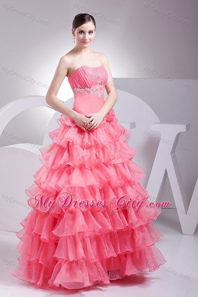 Appliques Decorated Bodice Ruffled Watermelon Pageant Dress