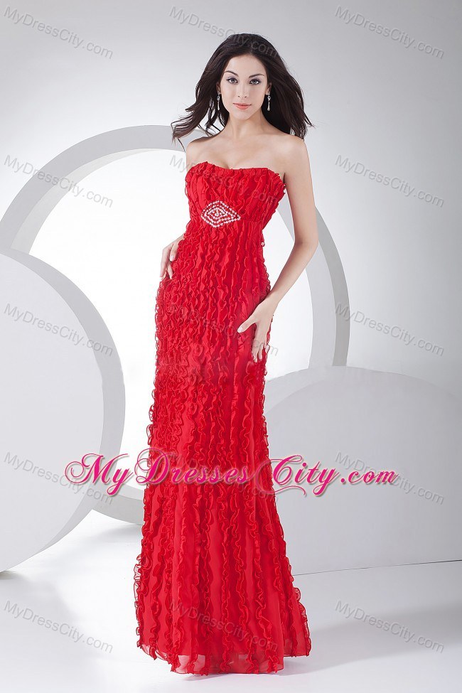 Flowery Red Vertical Ruffled Stripes Beaded Prom Pageant Dress