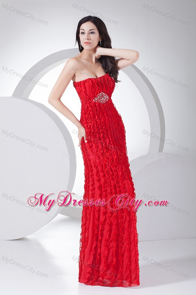 Flowery Red Vertical Ruffled Stripes Beaded Prom Pageant Dress