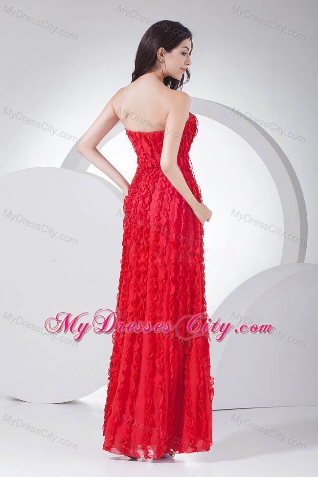 Flowery Red Vertical Ruffled Stripes Beaded Prom Pageant Dress