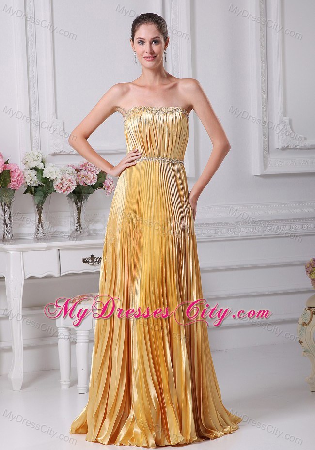 Pleat Over Skirt and Beaded Gold Long Glitz Pageant Prom Dress