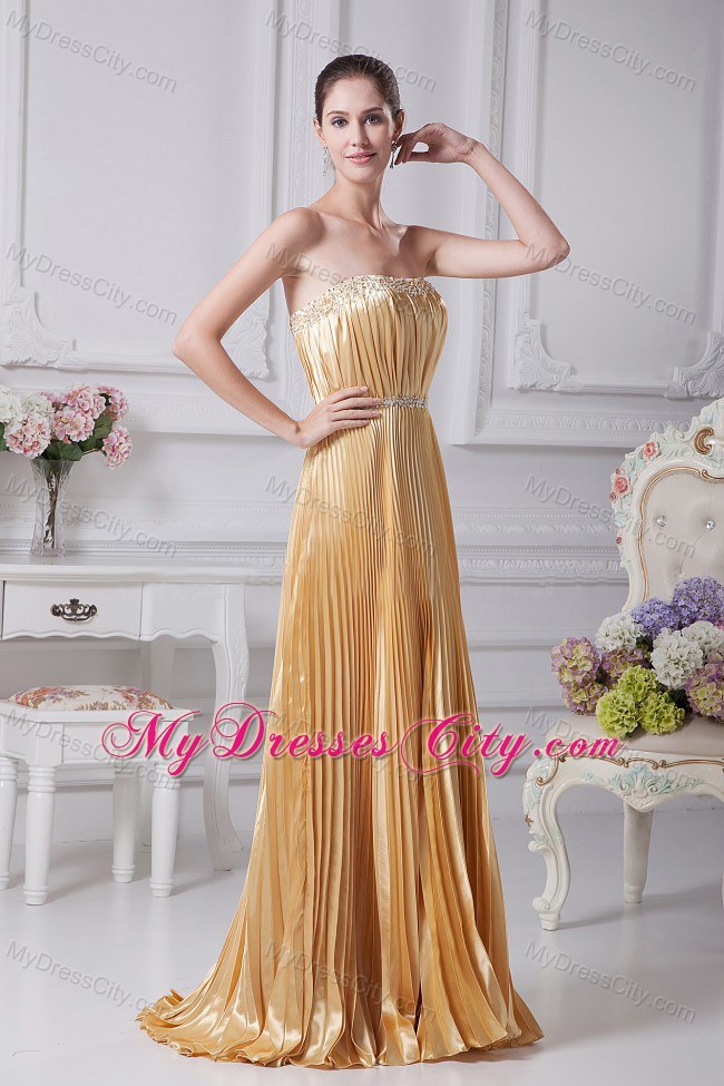 Pleat Over Skirt and Beaded Gold Long Glitz Pageant Prom Dress