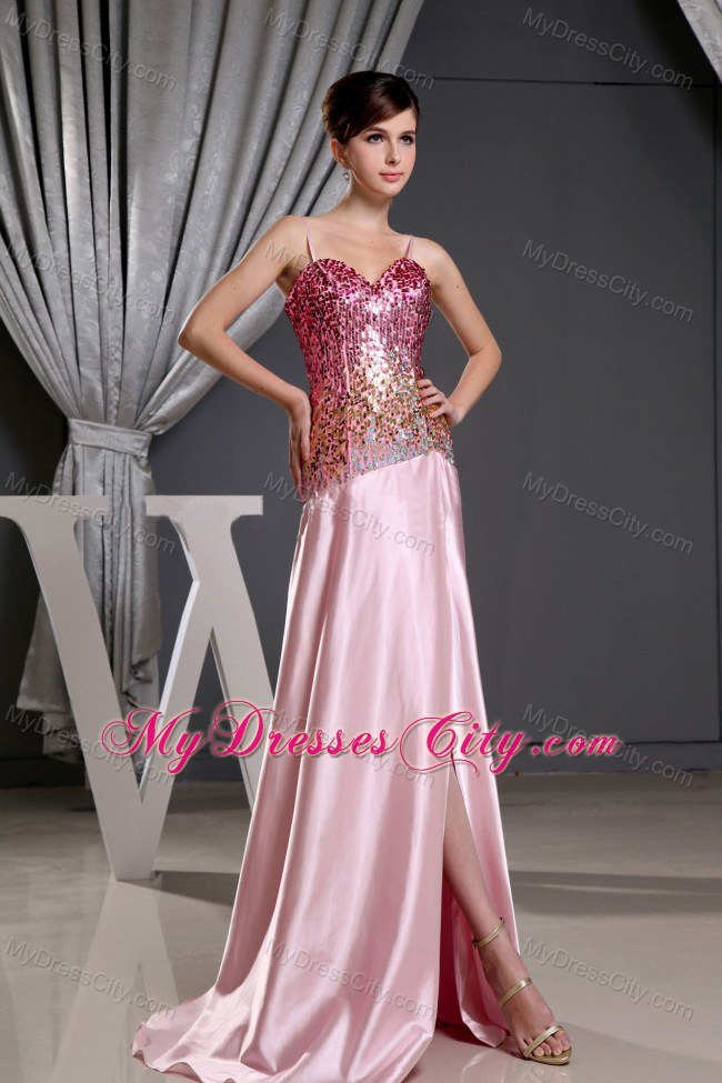 Spaghetti Straps Sequin Decorated Bodice Pink Pageant Gown