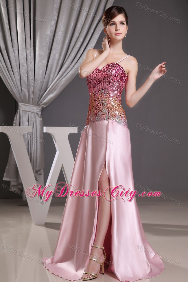 Spaghetti Straps Sequin Decorated Bodice Pink Pageant Gown