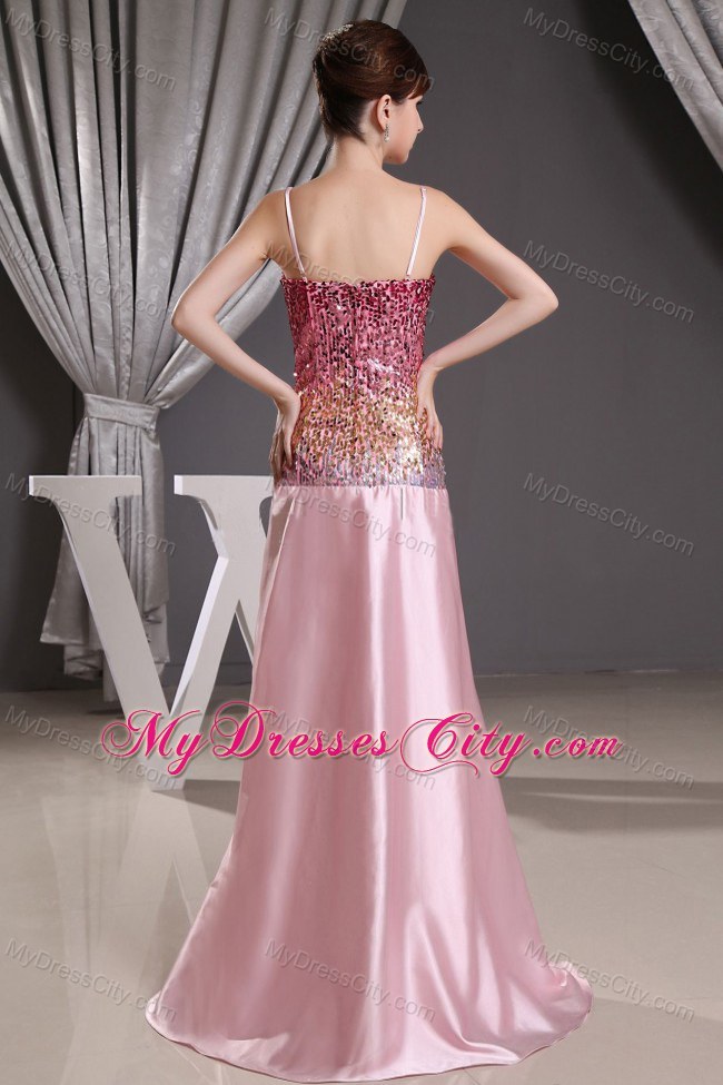 Spaghetti Straps Sequin Decorated Bodice Pink Pageant Gown