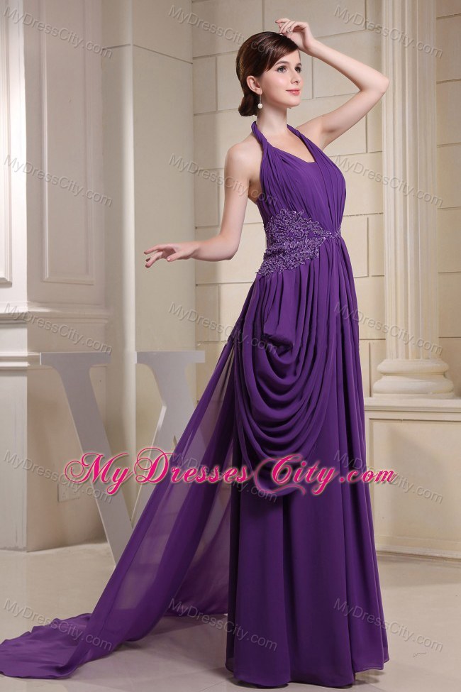 Purple Halter Glitz Pageant Dress With Ruching and Appliques