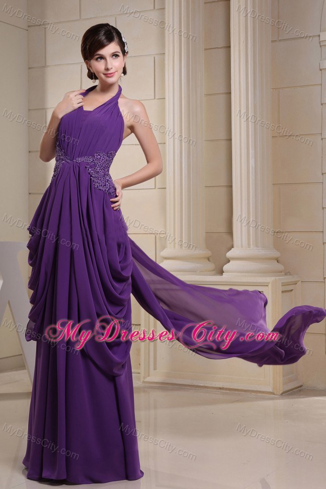 Purple Halter Glitz Pageant Dress With Ruching and Appliques