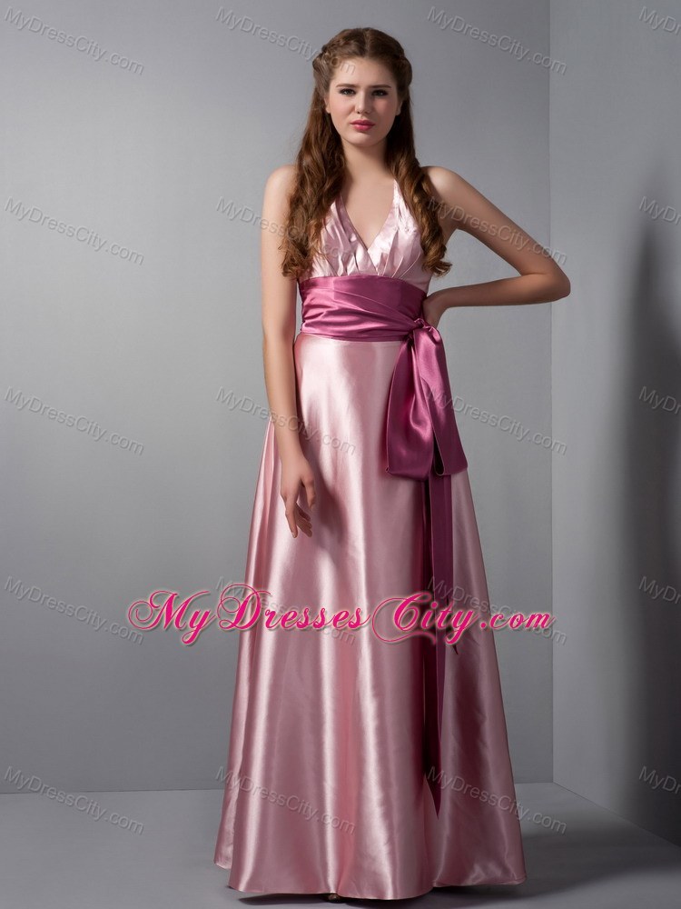 Customized Pink Column V-neck pageant girl dress with Sash