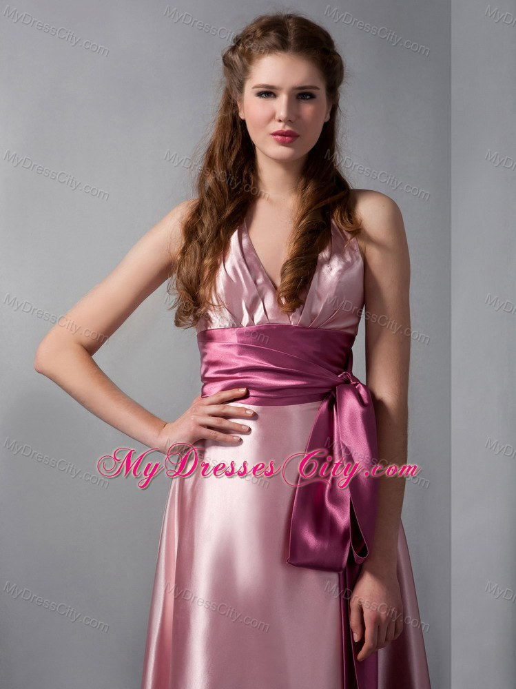 Customized Pink Column V-neck pageant girl dress with Sash