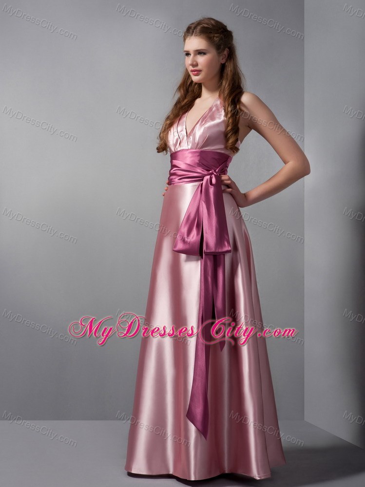 Customized Pink Column V-neck pageant girl dress with Sash