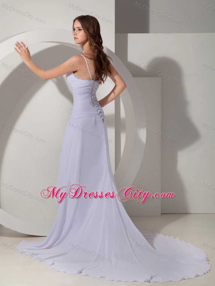 Beautiful Beaded Straps Court Train Chiffon Prom Pageant Dress