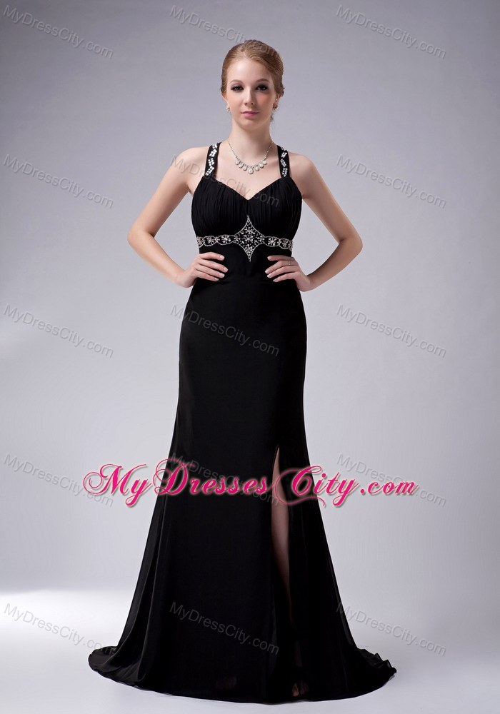 Black A-Line Long Pageant Dress with Beading and Side Slit