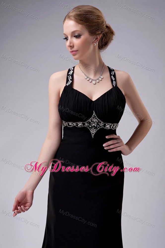 Black A-Line Long Pageant Dress with Beading and Side Slit