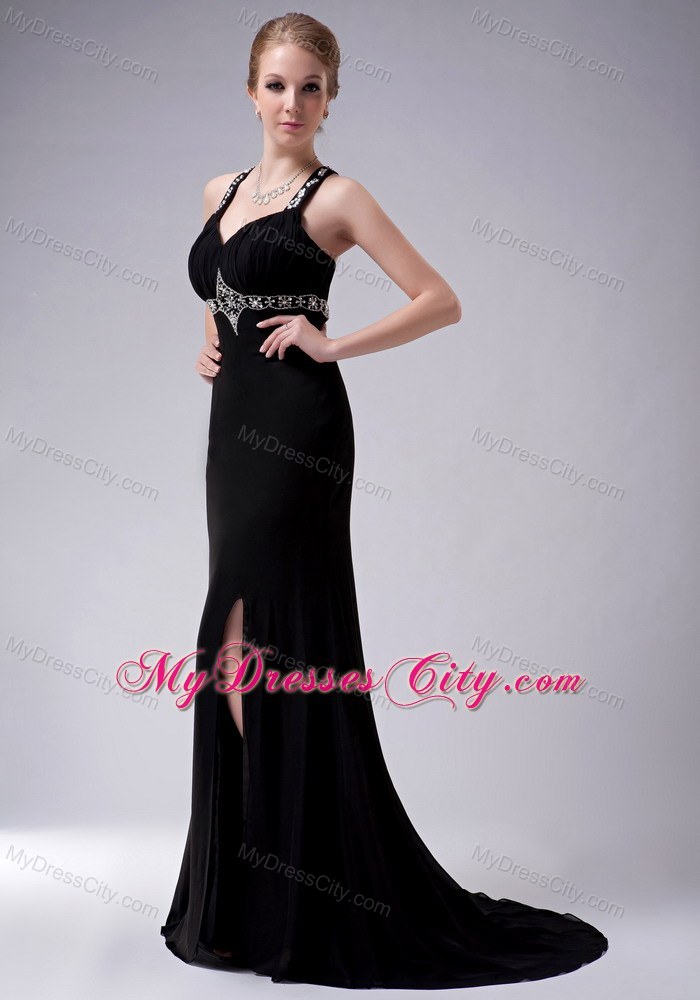 Black A-Line Long Pageant Dress with Beading and Side Slit