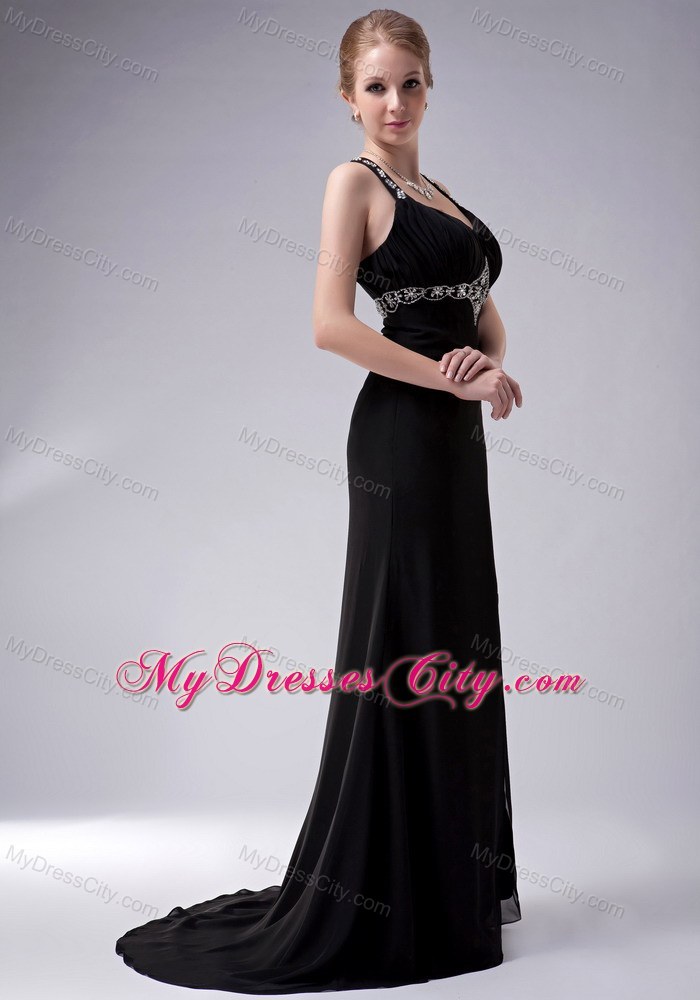 Black A-Line Long Pageant Dress with Beading and Side Slit