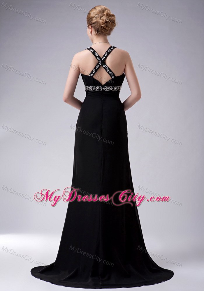 Black A-Line Long Pageant Dress with Beading and Side Slit