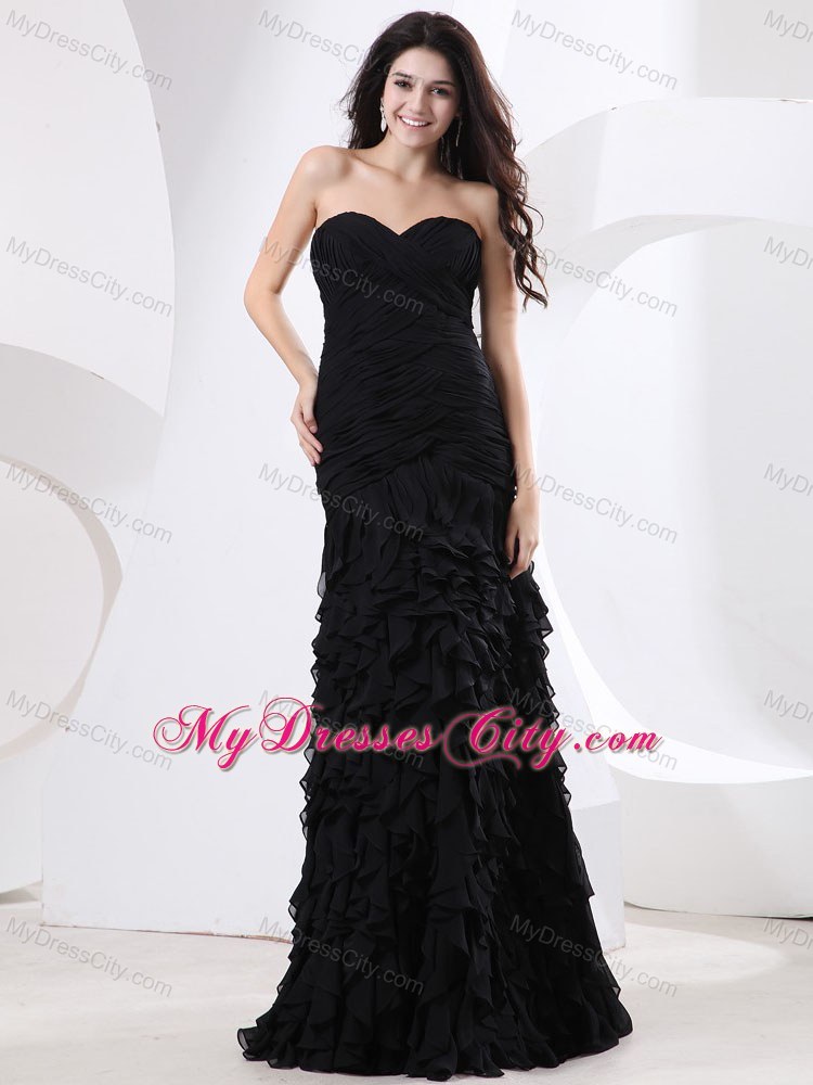 Long Black Sweetheart Prom for Pageant with Ruches and Ruffles