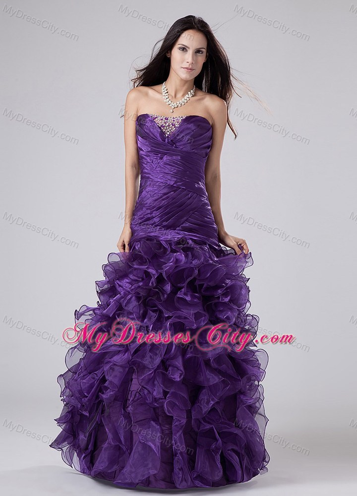 Purple Floor-length Organza Ruched and Ruffled Pageant Dress