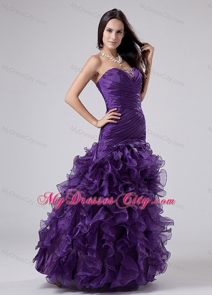 Purple Floor-length Organza Ruched and Ruffled Pageant Dress