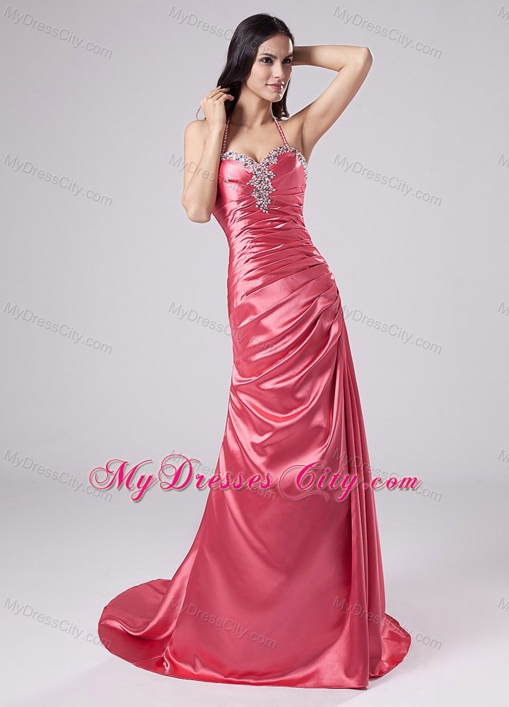 Beaded Sweetheart Brush Train Halter Pageant Gown With Pleats