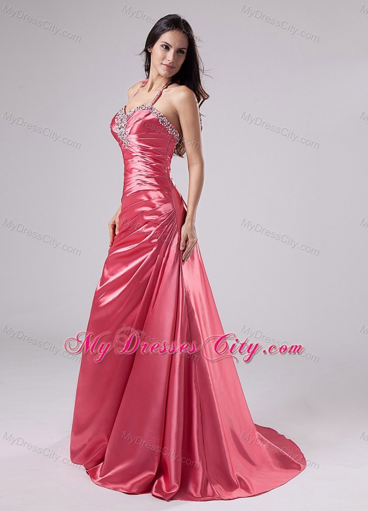 Beaded Sweetheart Brush Train Halter Pageant Gown With Pleats