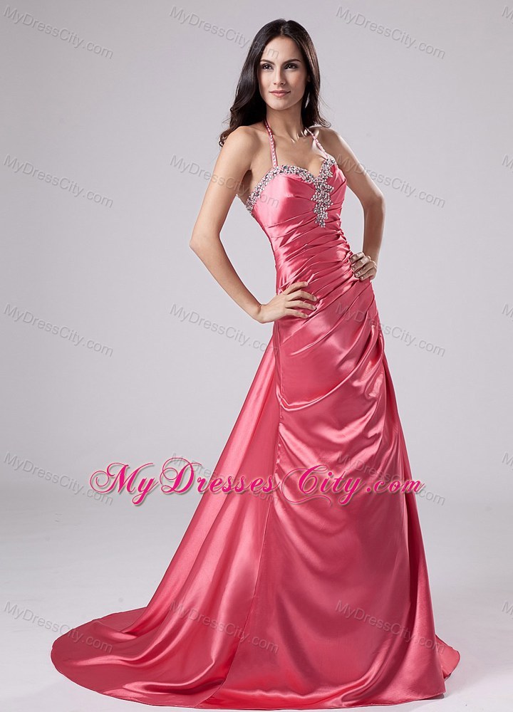 Beaded Sweetheart Brush Train Halter Pageant Gown With Pleats