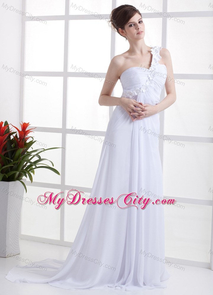 Flowery One Shoulder Sweep Train White Pageant Gown