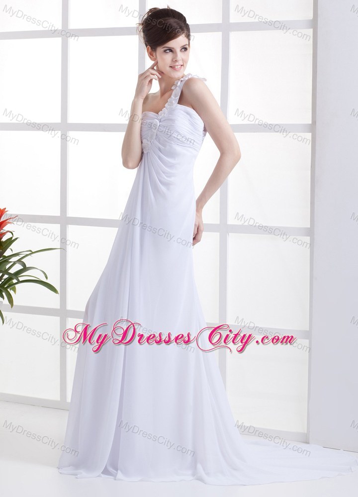 Flowery One Shoulder Sweep Train White Pageant Gown