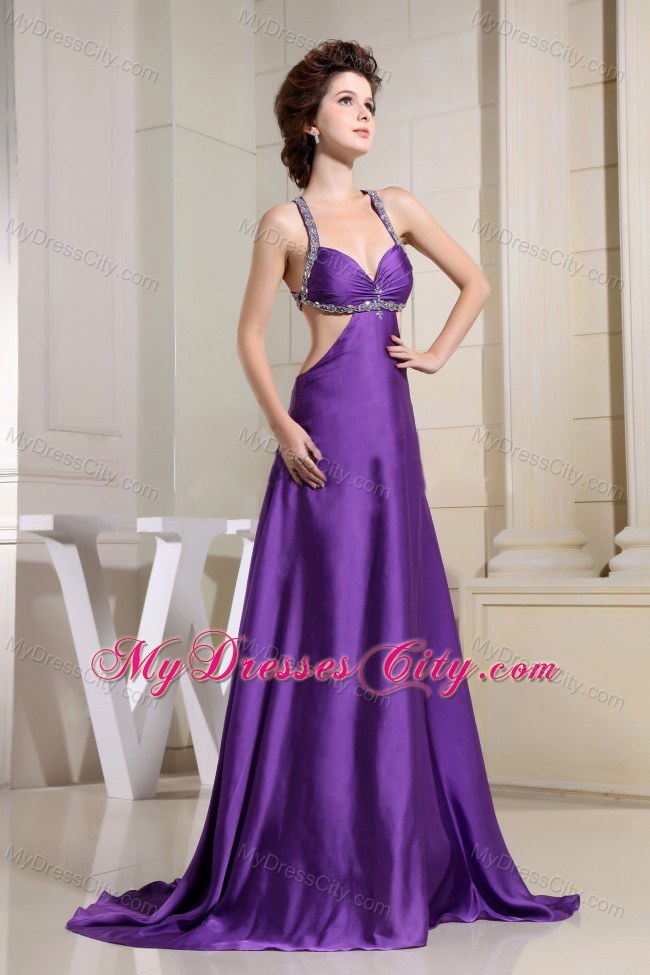 Backless Purple Glitz Pageant Dress with Beaded Straps