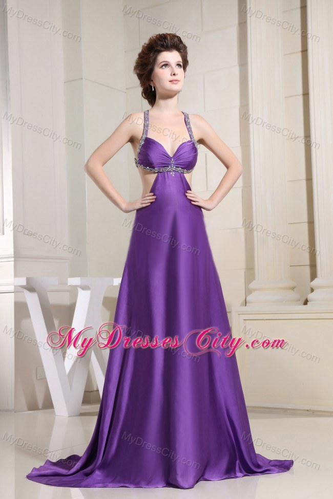 Backless Purple Glitz Pageant Dress with Beaded Straps